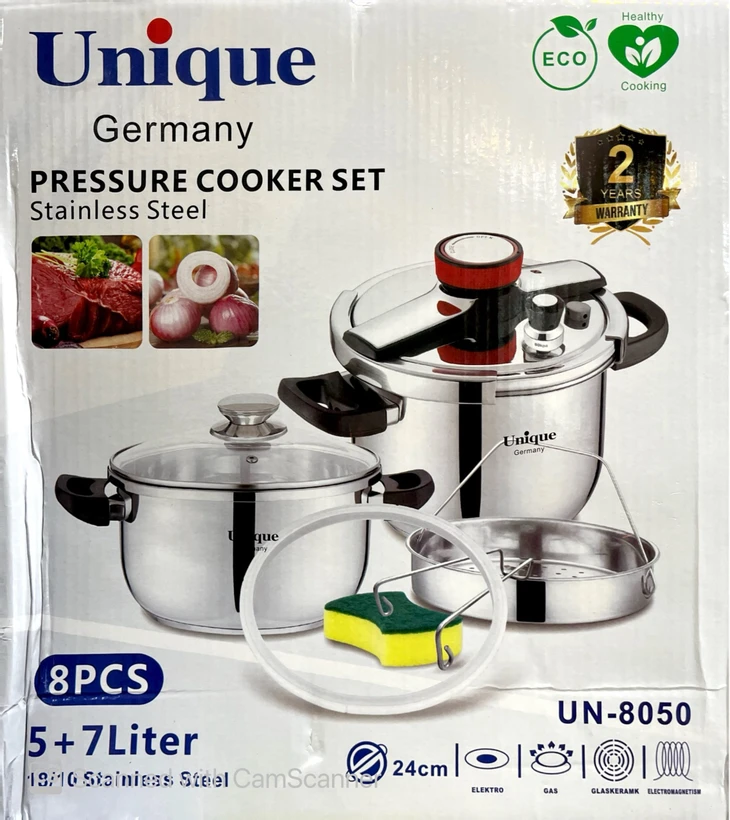 پلوپز دو قلو یونیک 8 پارچه 5 و 7 لیتر استیل لیسانس آلمان مدل UNIQUE UN-8050