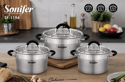 سرویس قابلمه استیل ۶ پارچه سونیفر مدل SF-1194 با درب شیشه‌ای