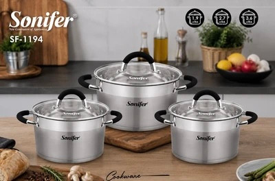 سرویس قابلمه استیل ۶ پارچه سونیفر مدل SF-1194 با درب شیشهای