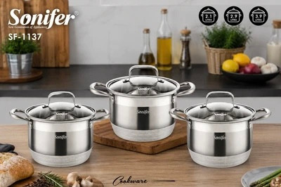 سرویس قابلمه استیل ۶ پارچه سونیفر مدل SF-1137 با درب شیشه ای