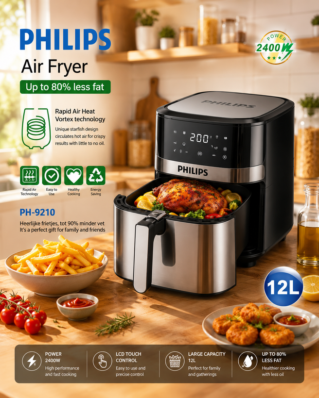 سرخ کن فیلیپس- ظرفیت 12 لیتری تمام استیل سبددار مدل PH-9210