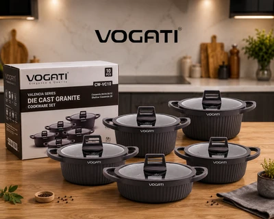 سرویس قابلمه ۱۰ پارچه گرانیتی ووگاتی اصلی😍✅ (VOGATI) مدل CW-VC10 سری Valencia | دایکست گرانیت با درب شیشهای