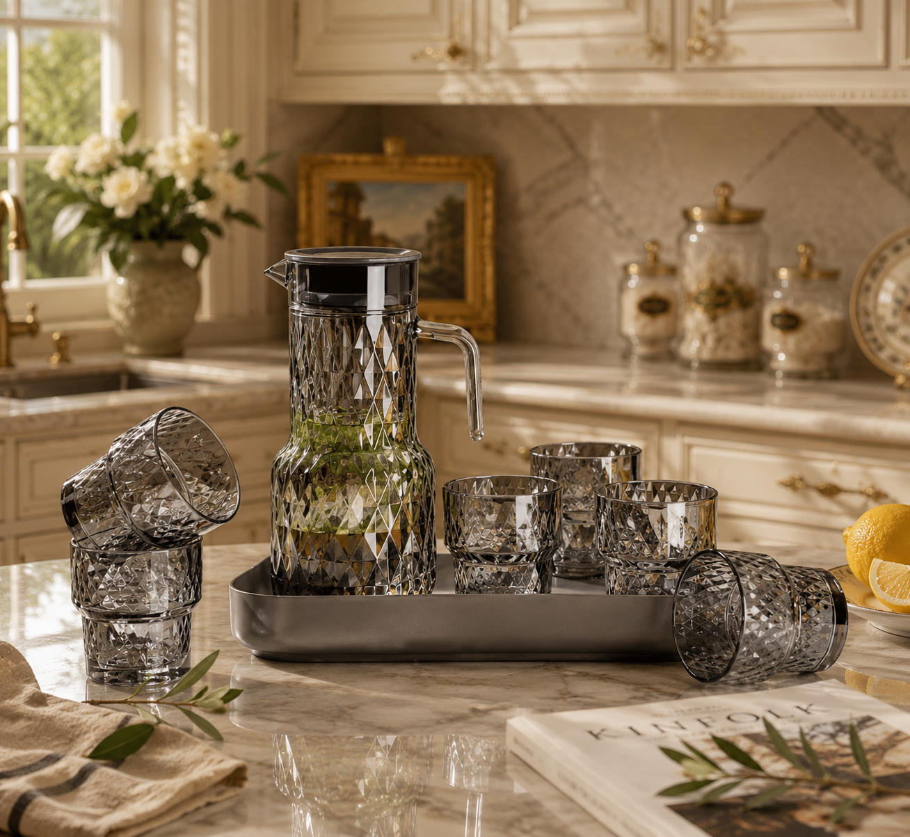 پارچ و لیوان پیرکس شامپاینی 8 پارچ‌ با سینی ( وارداتی😍)اصلی