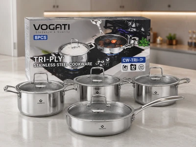 سرویس قابلمه استیل لیزری سه‌لایه ووگاتی اصلی  سایز بزرگ ۸ پارچه مدل CW-TRI-8B | استیل ضدزنگ 304 با درب پیرکس