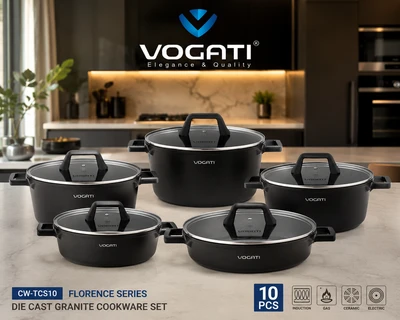 سرویس قابلمه گرانیتی ووگاتی اصلی 10 پارچه مدل CW-TCS10 سری فلورانس Florence | دایکست نچسب با درب پیرکس