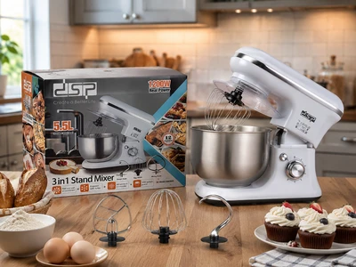 همزن کاسه‌دار حرفه‌ای DSP مدل KM3043 | توان 1200 وات | کاسه استیل 5.5 لیتری | 6 سرعته 3 کاره