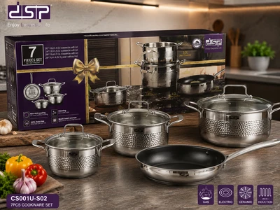 سرویس قابلمه ۷ پارچه استیل چکشی DSP اصلی مدل CS001U-S02 | استیل ضدزنگ، درب شیشهای، مناسب انواع اجاق