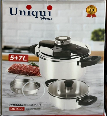 زودپز دوقلو استیل یونیکی هوم Uniqui Home مدل DSTC22 ظرفیت ۵ و ۷ لیتر همراه سبد بخارپز و درب شیشهای