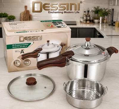 زودپز استیل ۳ کاره دسینی ۷ لیتری مدل KD-600-7L | 2026 کاره همراه درب شیشه‌ای، سبد بخارپز، کف سه‌لایه و سیستم ایمنی چندگانه